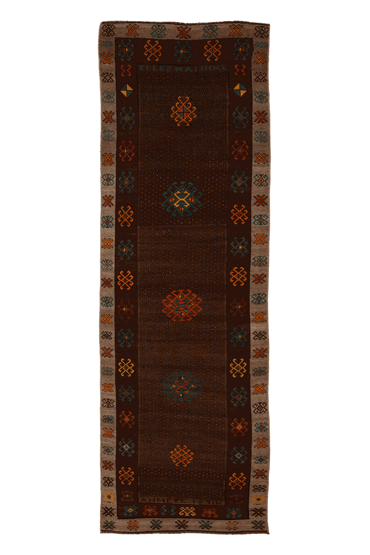 Vintage Kars Turkish Runner Rug 3x10 ft — Brown & Beige Geometric