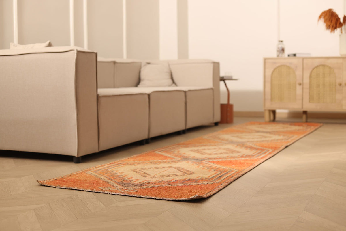 Vintage Malatya Turkish Runner Rug 3x13 ft — Orange & Beige Geometric