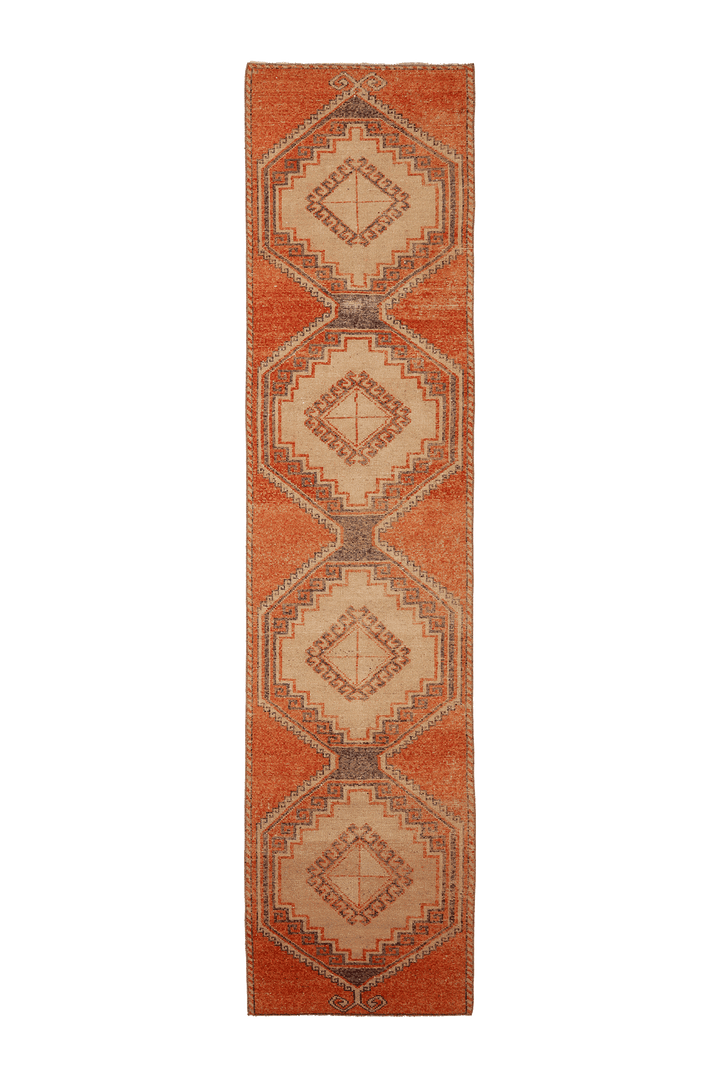 Vintage Malatya Turkish Runner Rug 3x13 ft — Orange & Beige Geometric