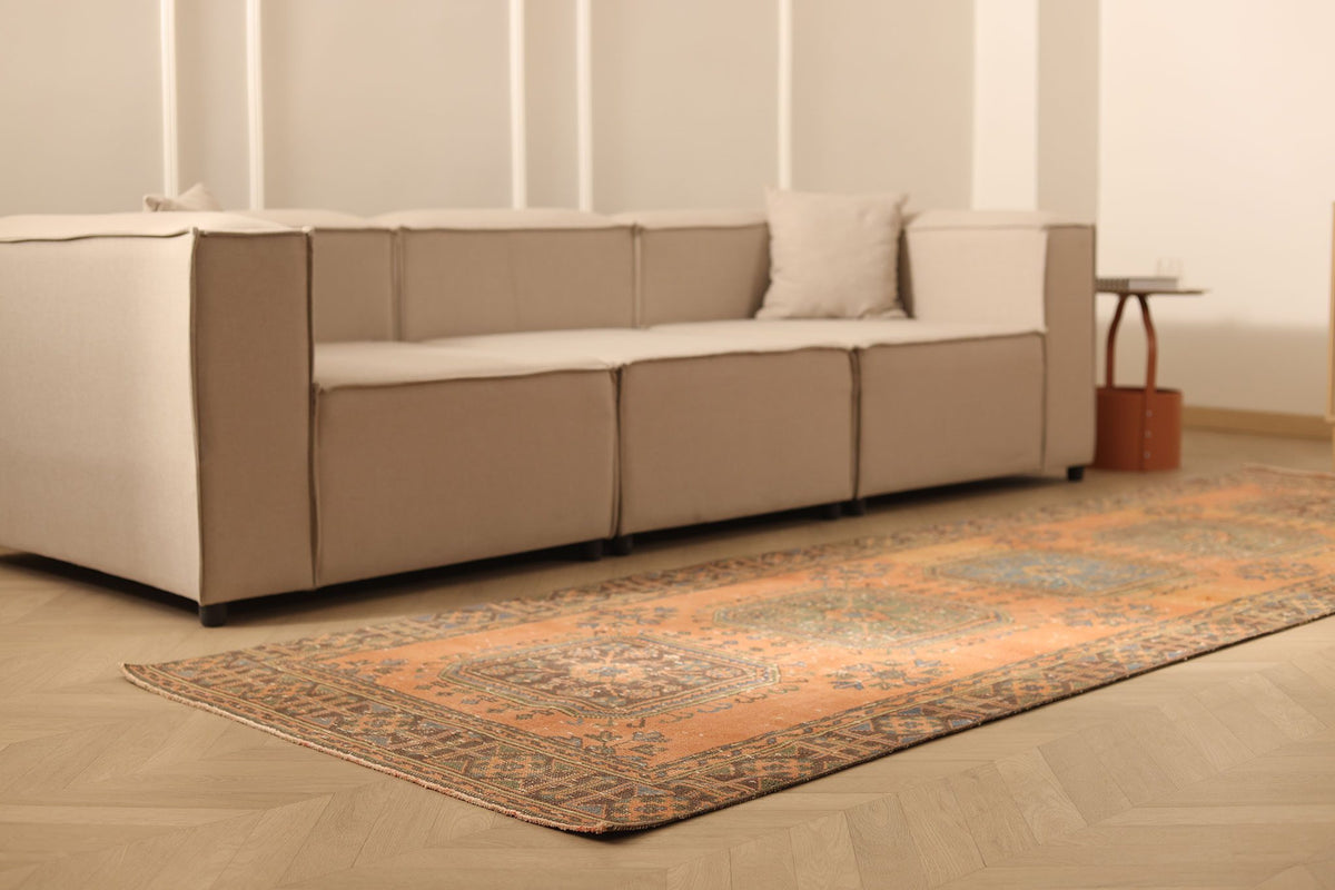 Vintage Konya Turkish Runner Rug 4x11 ft — Orange & Blue Floral