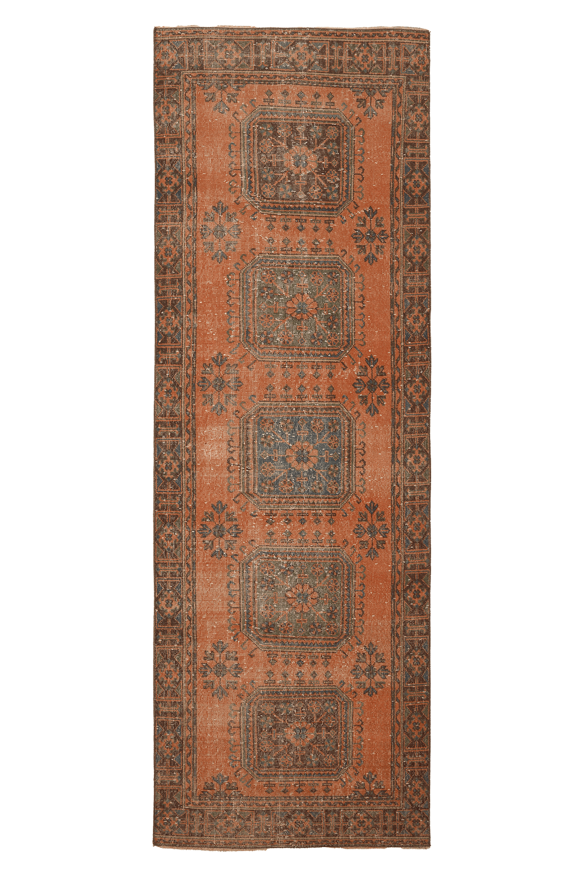 Vintage Konya Turkish Runner Rug 4x11 ft — Orange & Blue Floral