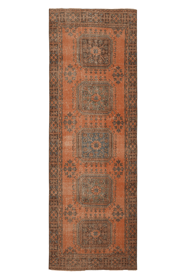 Vintage Konya Turkish Runner Rug 4x11 ft — Orange & Blue Floral