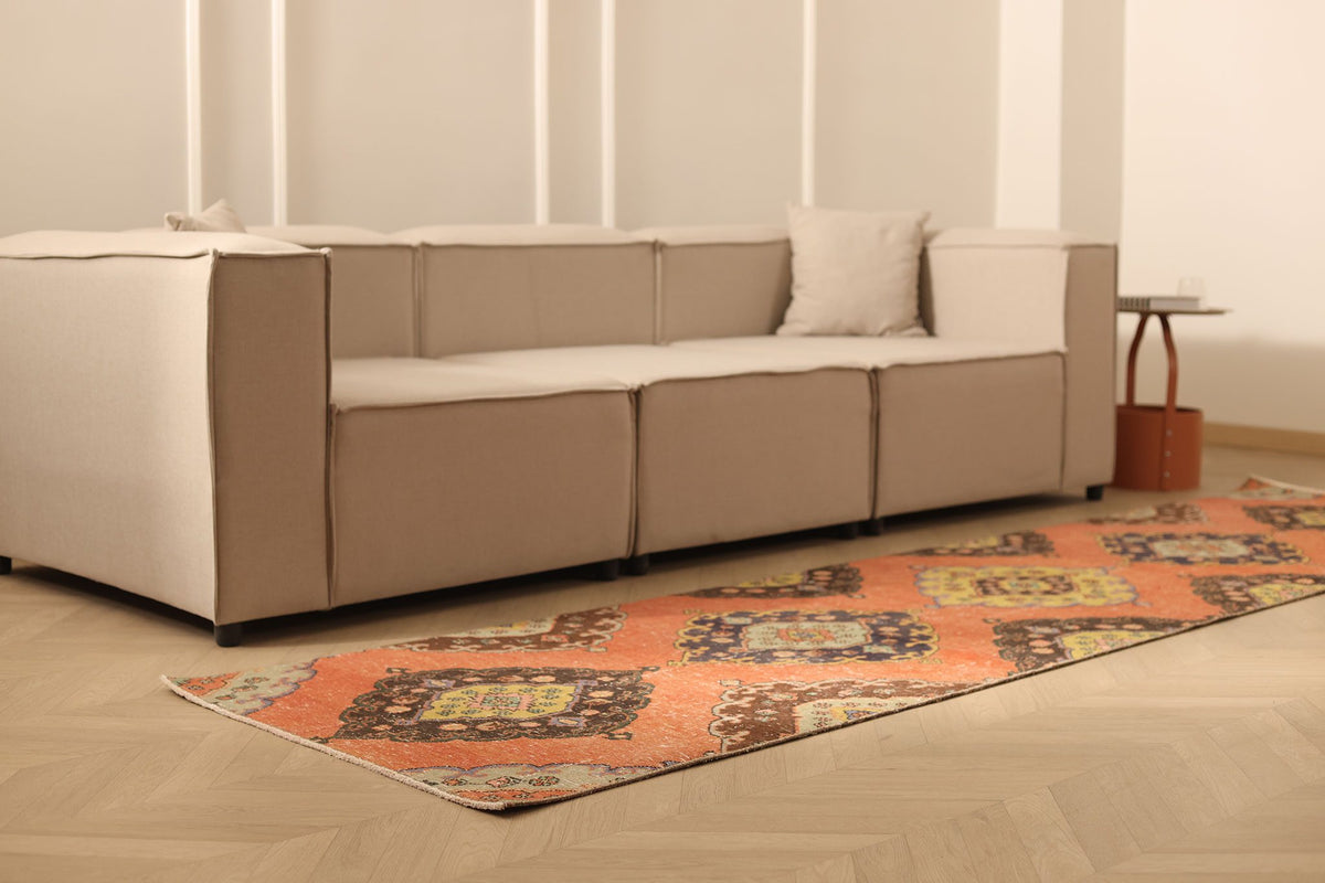 Vintage Konya Turkish Runner Rug 3x11 ft — Orange & Brown Geometric