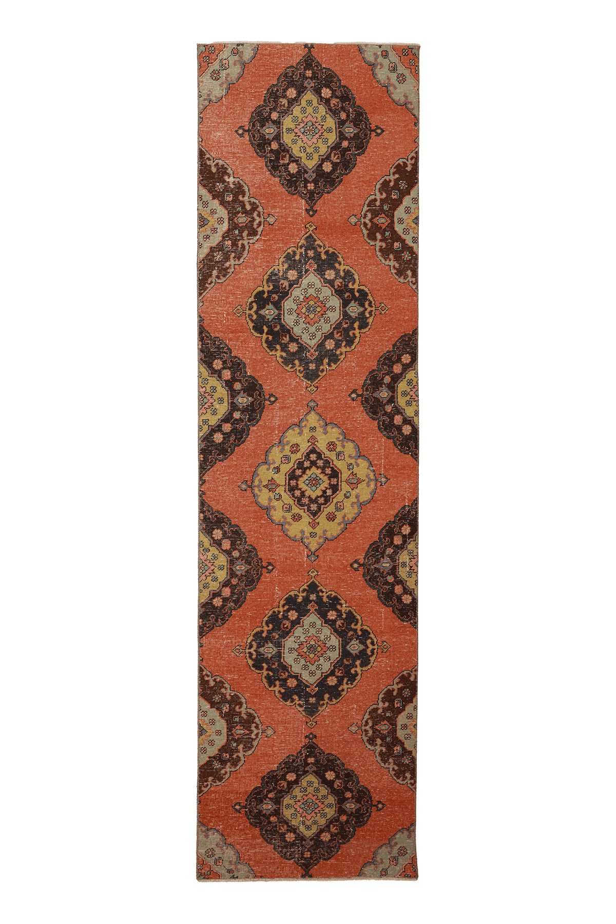 Vintage Konya Turkish Runner Rug 3x11 ft — Orange & Brown Geometric