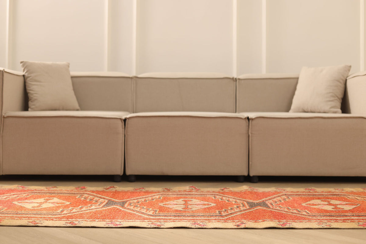 Vintage Malatya Turkish Runner Rug 3x9 ft — Red & Orange Geometric