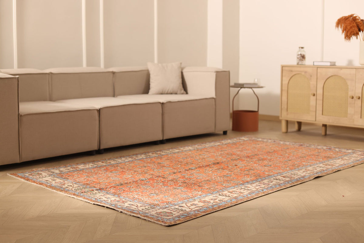 Vintage Isparta Turkish Area Rug 5x9 ft — Orange & Beige Floral