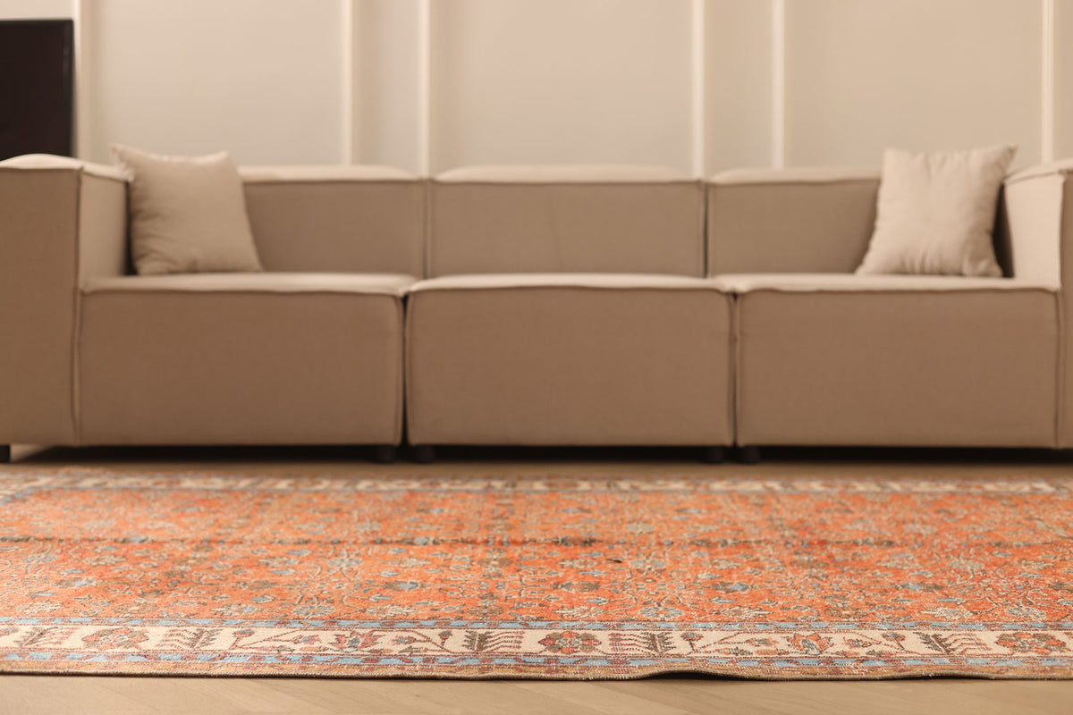 Vintage Isparta Turkish Area Rug 5x9 ft — Orange & Beige Floral