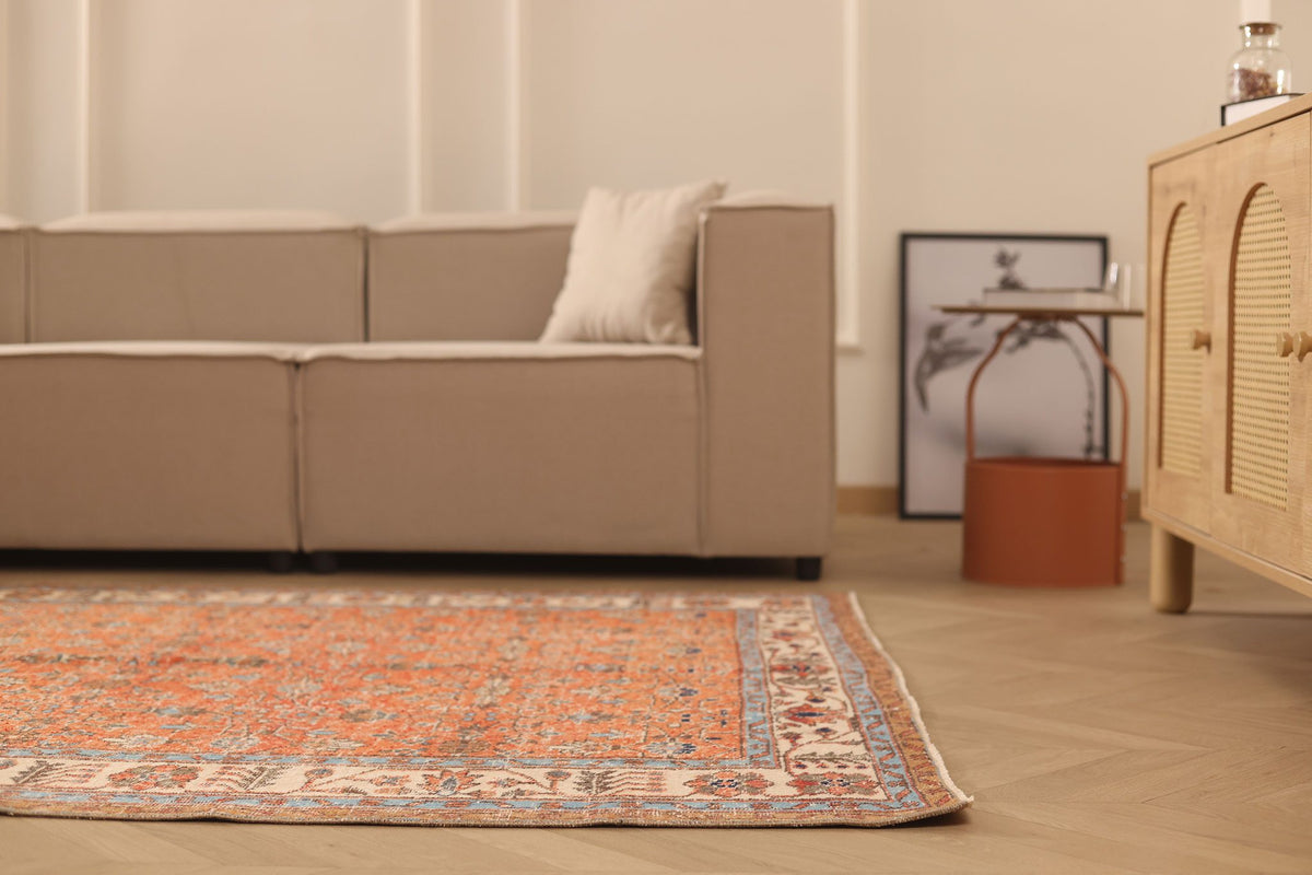 Vintage Isparta Turkish Area Rug 5x9 ft — Orange & Beige Floral