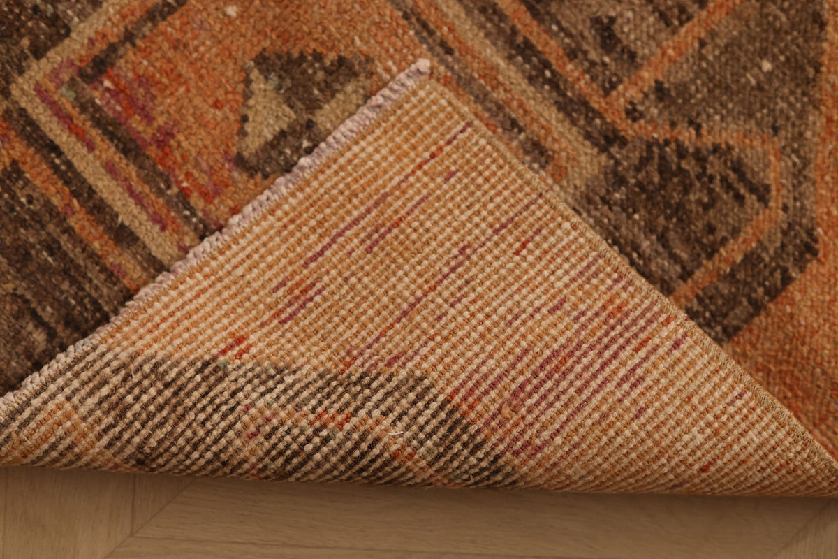 Vintage Malatya Turkish Area Rug 2x5 ft — Orange & Brown Geometric