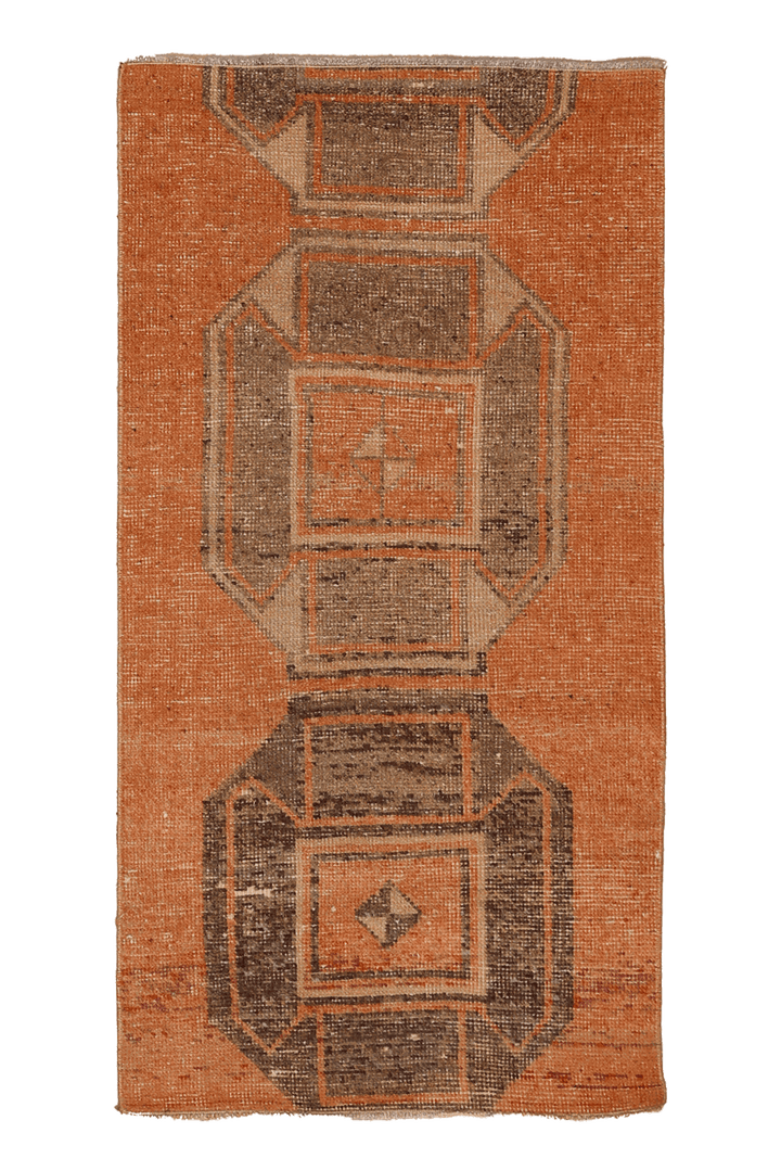 Vintage Malatya Turkish Area Rug 2x5 ft — Orange & Brown Geometric