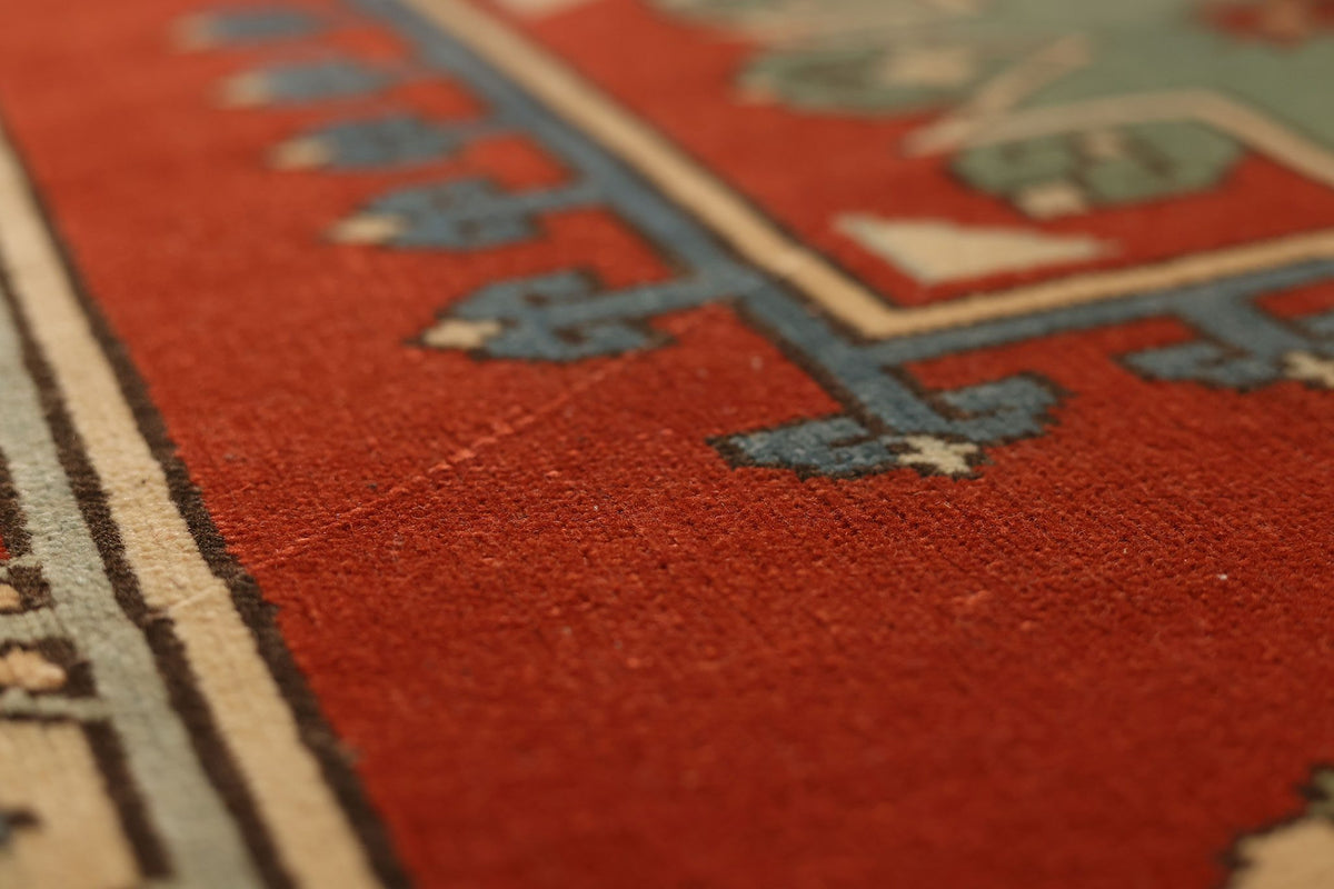 Vintage Uşak Turkish Area Rug 4x6 ft — Red & Blue Geometric