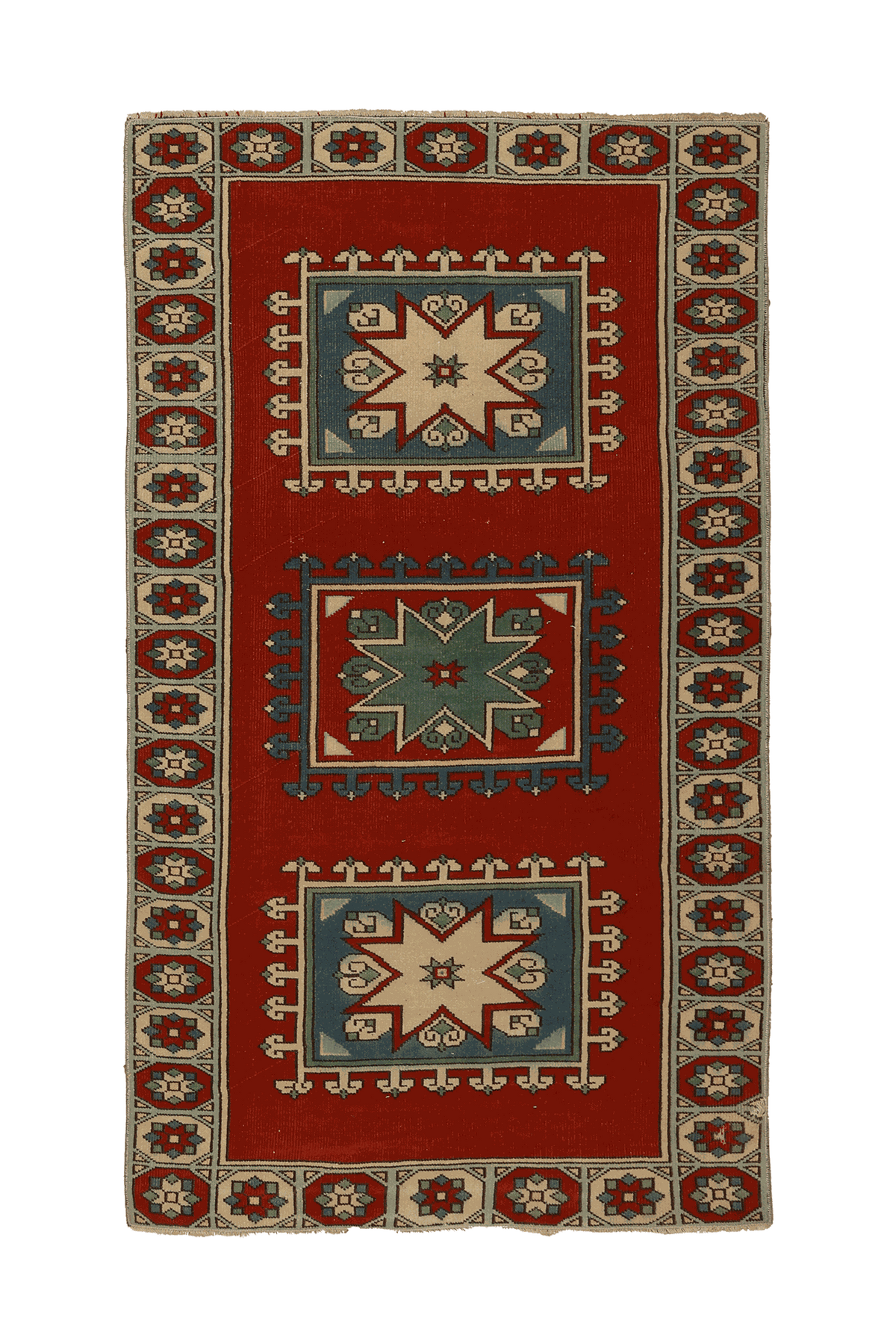 Vintage Uşak Turkish Area Rug 4x6 ft — Red & Blue Geometric
