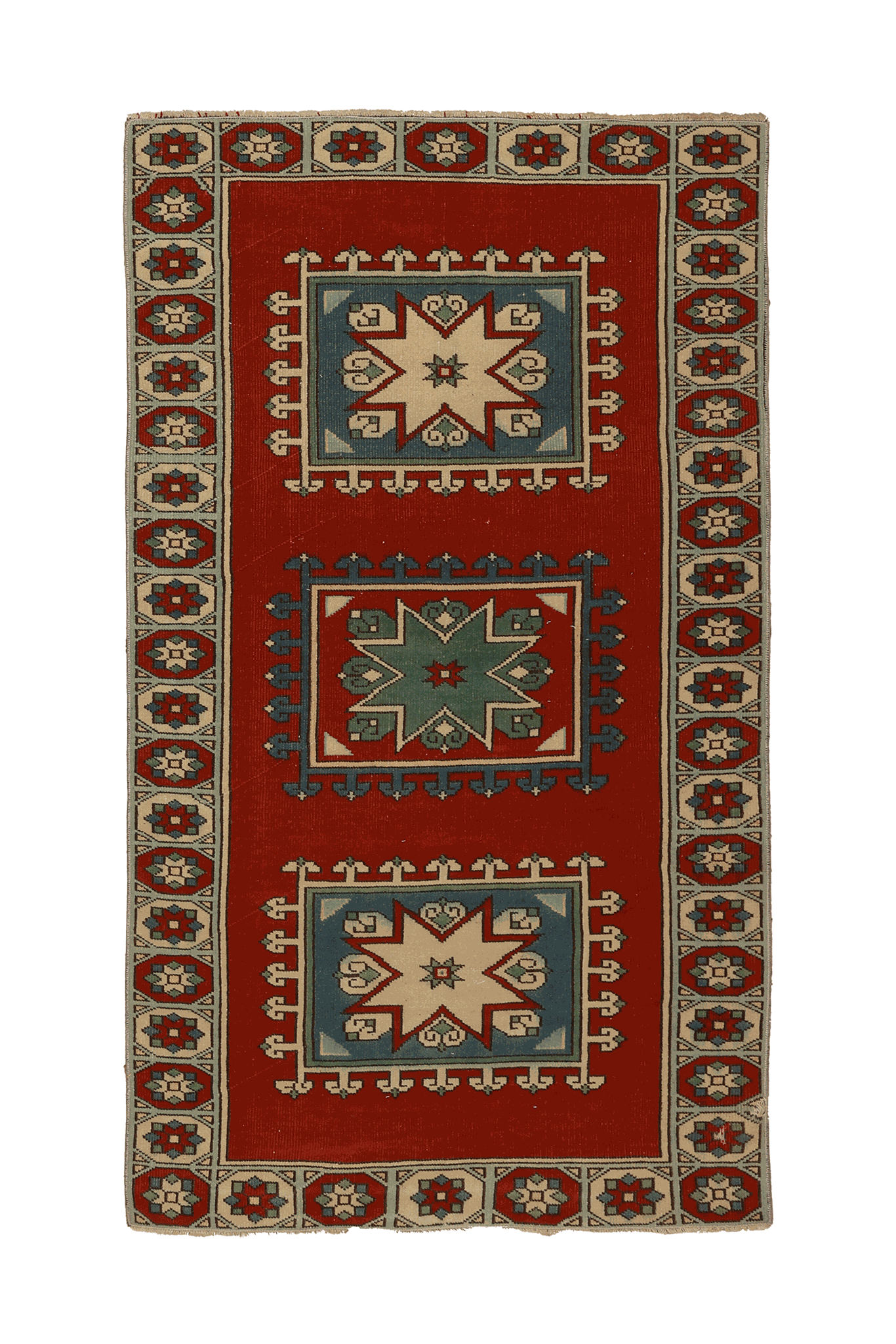 Vintage Uşak Turkish Area Rug 4x6 ft — Red & Blue Geometric