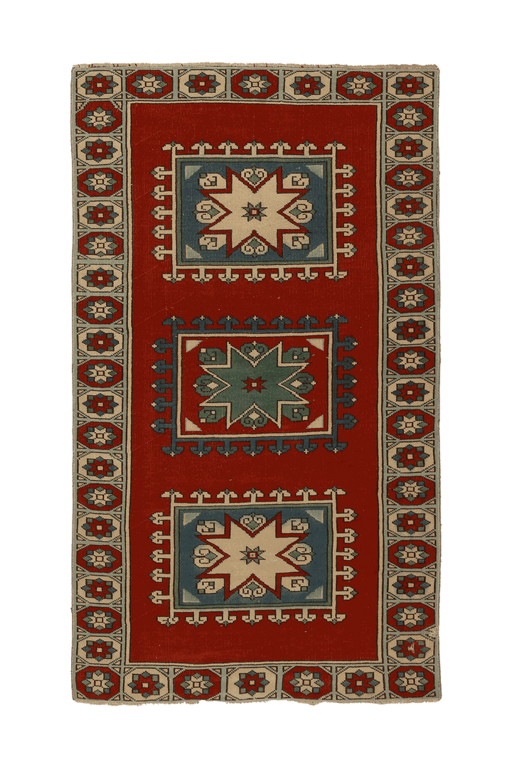 Vintage Uşak Turkish Area Rug 4x6 ft — Red & Blue Geometric