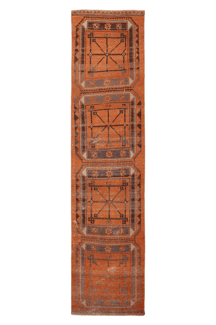 Vintage Malatya Turkish Runner Rug 3x11 ft — Orange & Brown Geometric