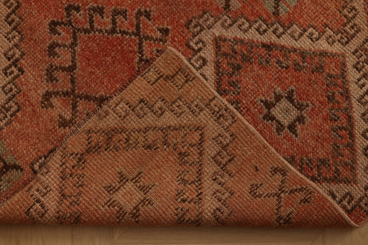 Vintage Gaziantep Turkish Runner Rug 3x11 ft — Orange & Brown Geometric