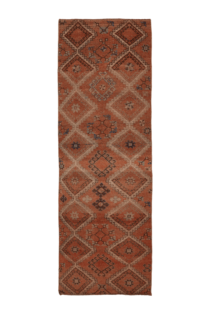 Vintage Gaziantep Turkish Runner Rug 3x11 ft — Orange & Brown Geometric