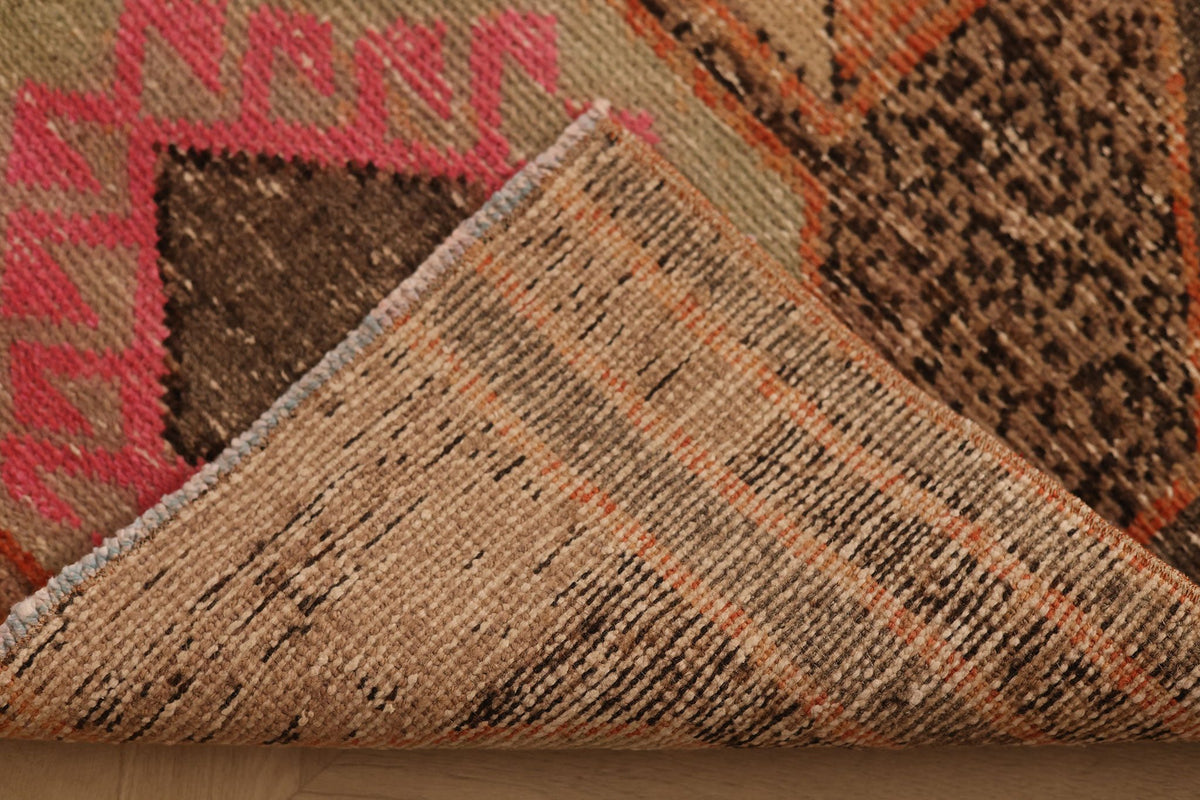 Vintage Malatya Turkish Runner Rug 3x7 ft — Orange & Brown Geometric