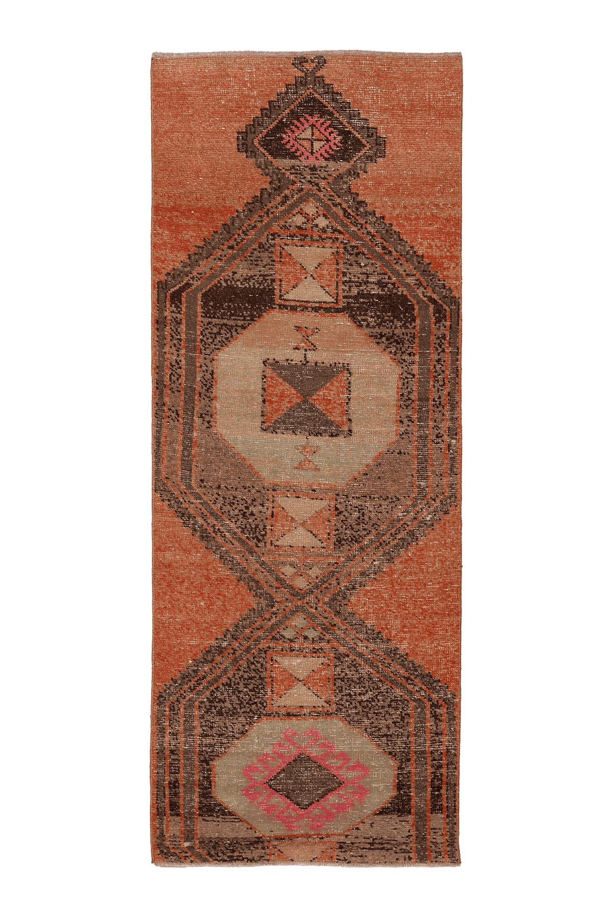 Vintage Malatya Turkish Runner Rug 3x7 ft — Orange & Brown Geometric