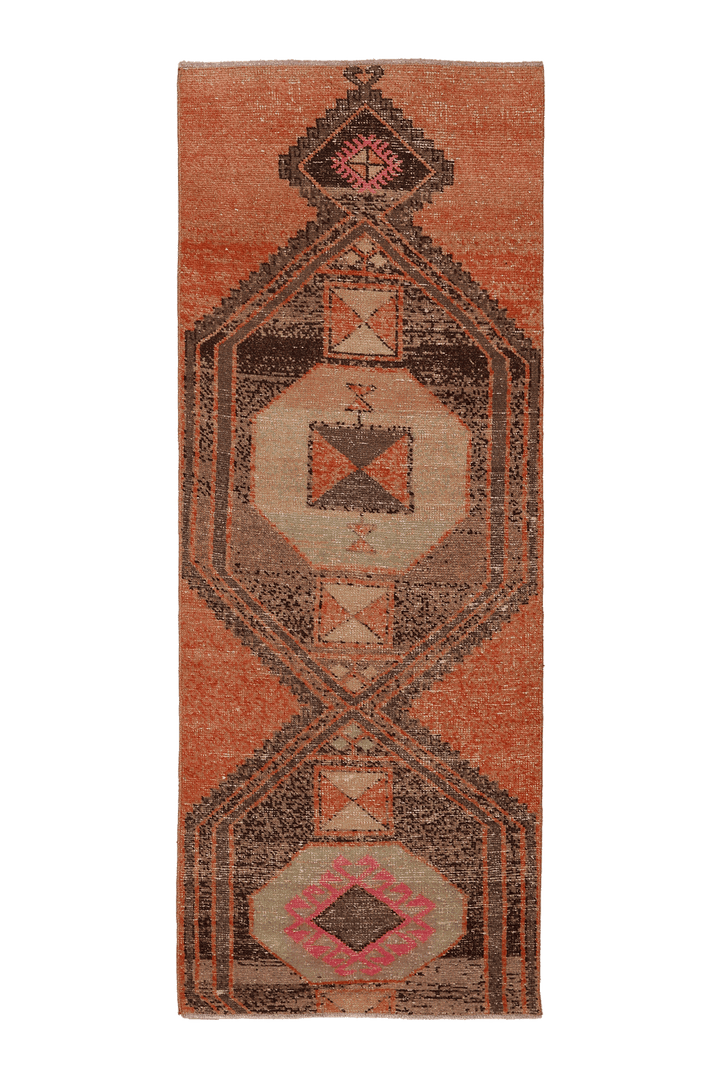 Vintage Malatya Turkish Runner Rug 3x7 ft — Orange & Brown Geometric