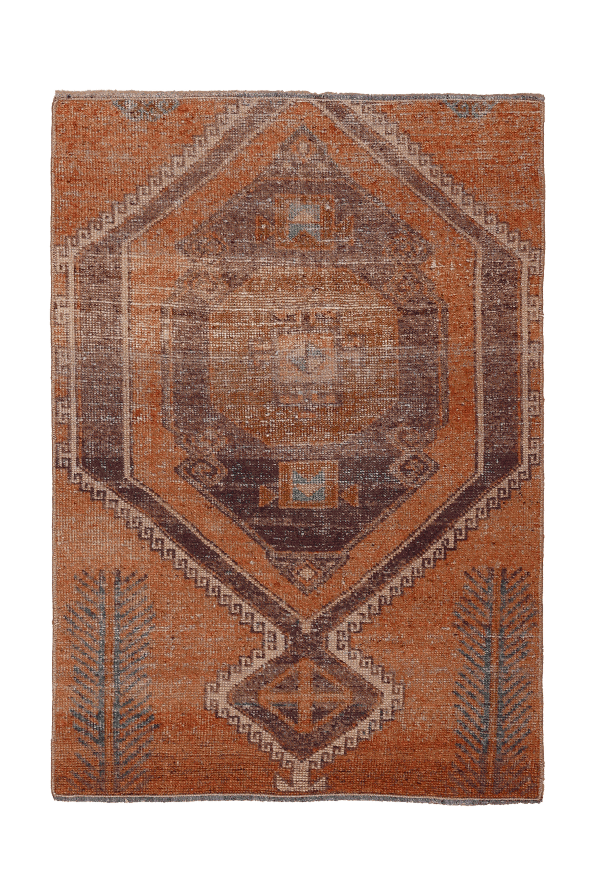 Vintage Malatya Turkish Doormat Rug 3x4 ft — Orange & Brown Geometric