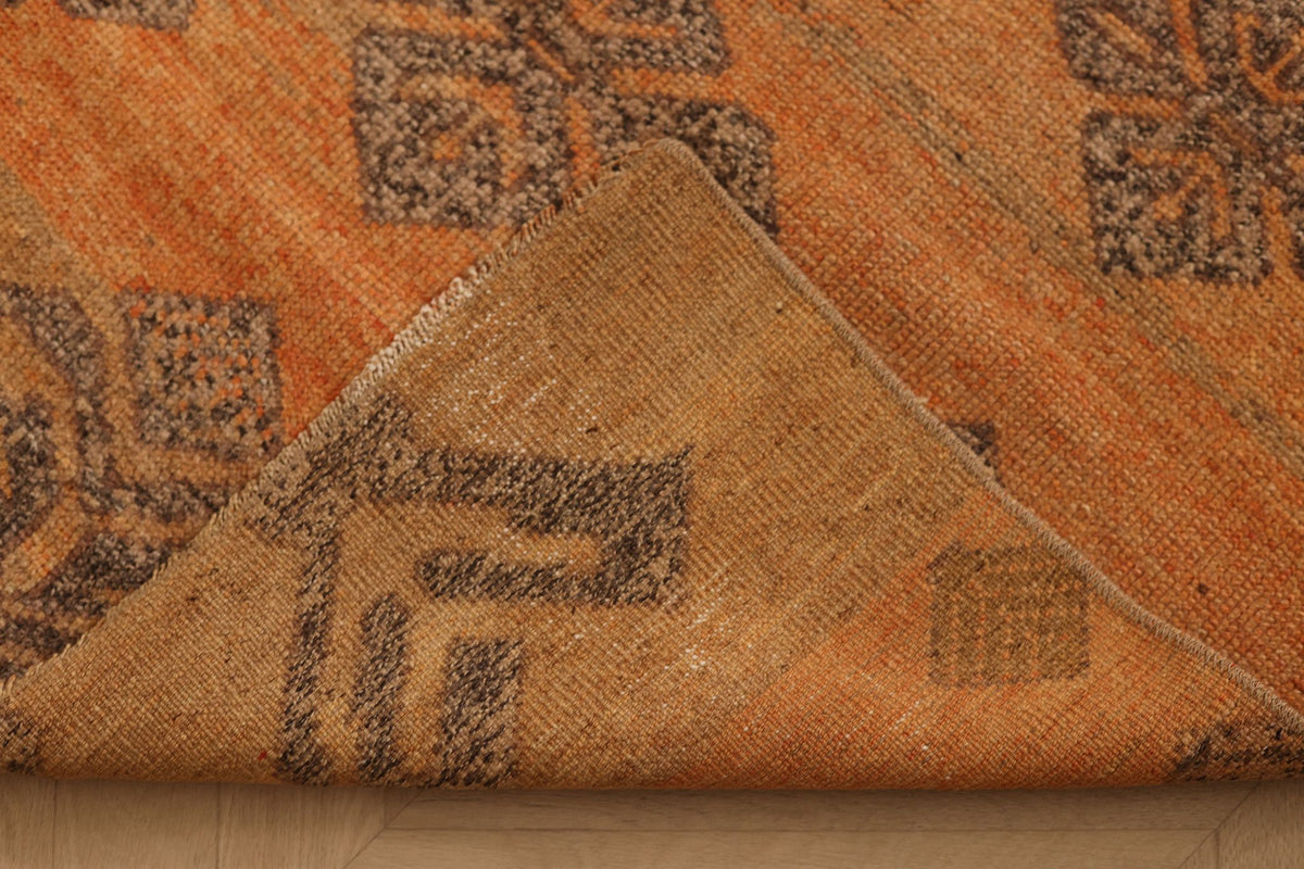 Vintage Konya Turkish Runner Rug 3x8 ft — Orange & Brown Geometric