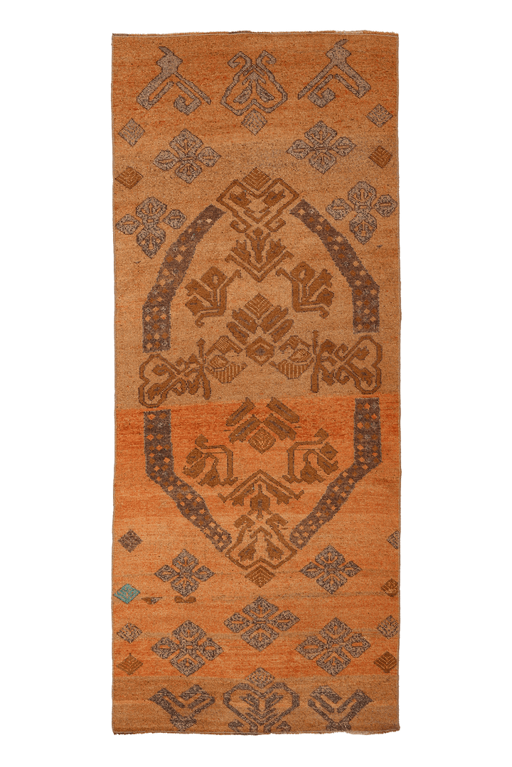 Vintage Konya Turkish Runner Rug 3x8 ft — Orange & Brown Geometric