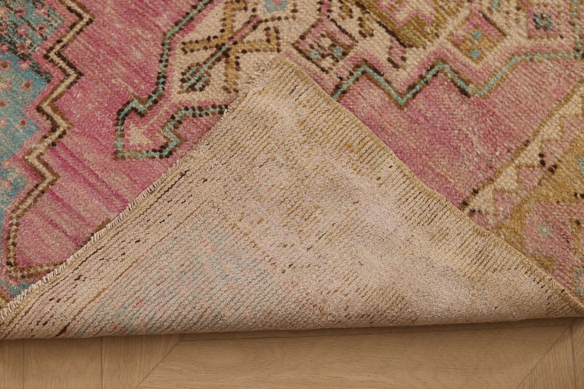 Vintage Nevşehir Turkish Runner Rug 3x8 ft — Pink & Blue Geometric