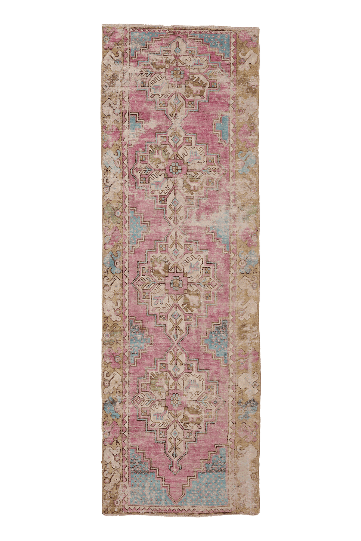 Vintage Nevşehir Turkish Runner Rug 3x8 ft — Pink & Blue Geometric