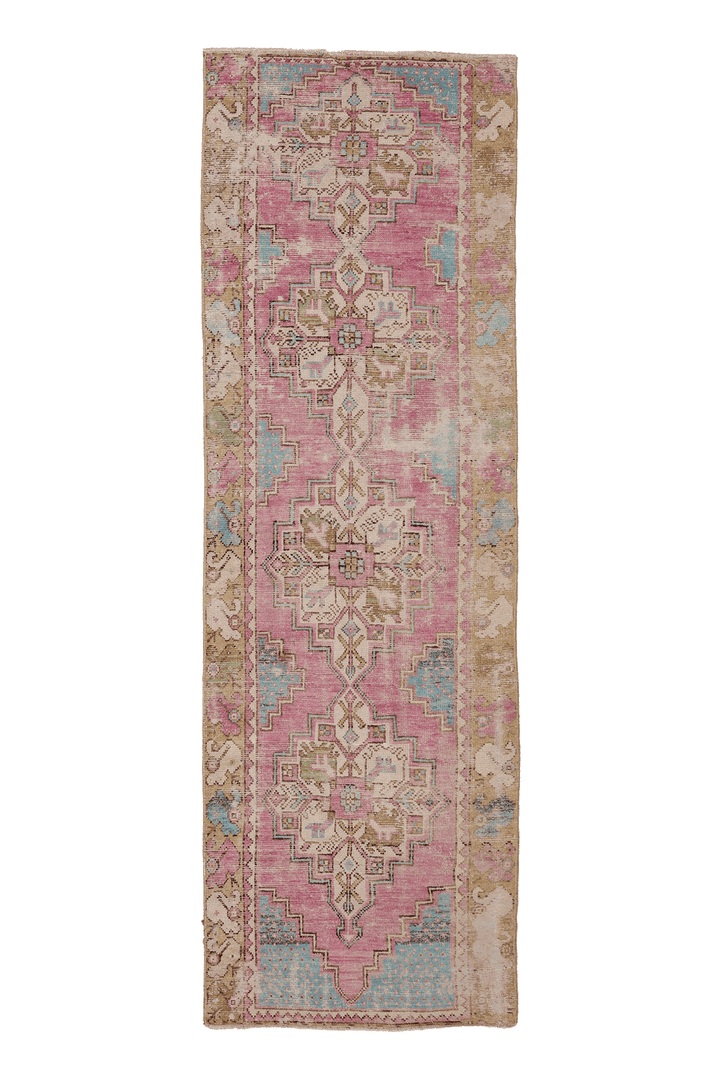 Vintage Nevşehir Turkish Runner Rug 3x8 ft — Pink & Blue Geometric
