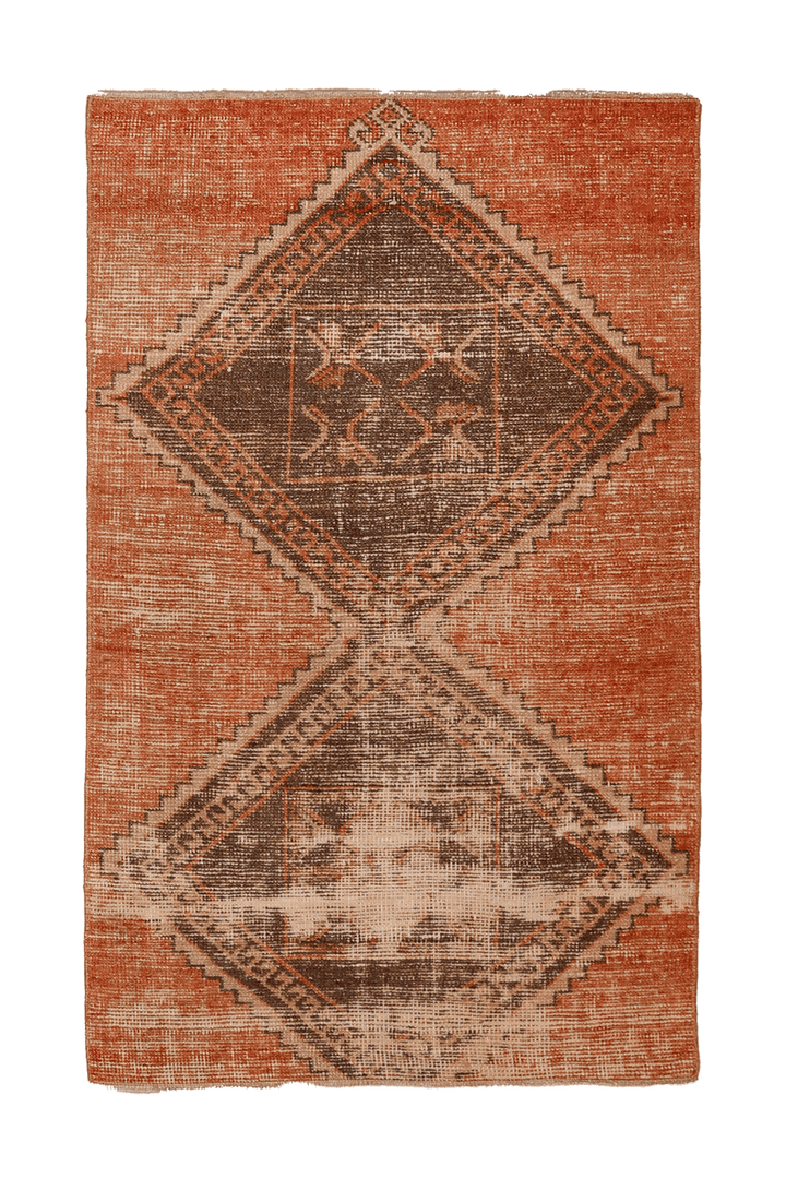 Vintage Malatya Turkish Doormat Rug 3x4 ft — Orange & Brown Geometric