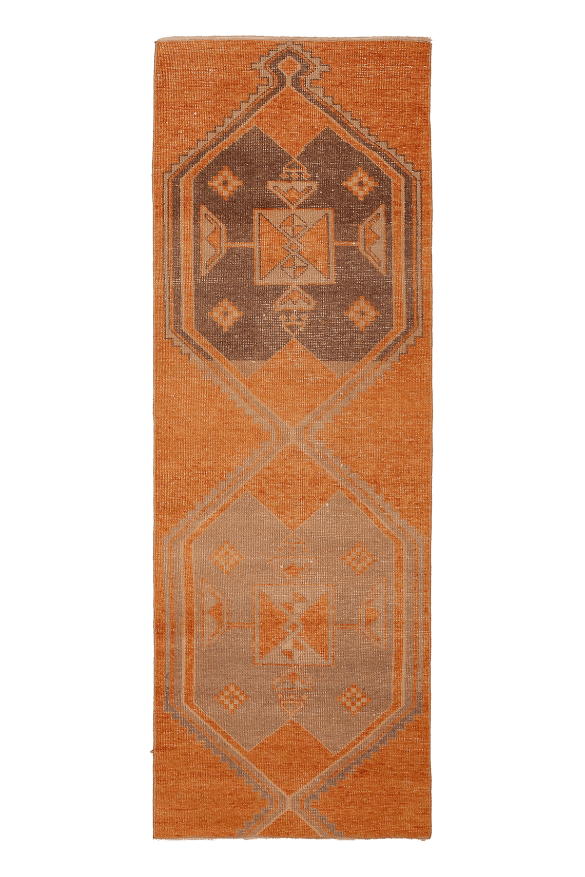 Vintage Malatya Turkish Runner Rug 3x8 ft — Orange & Brown Geometric