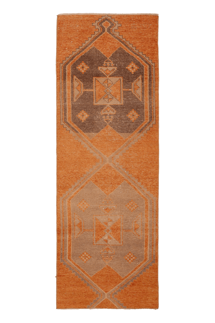 Vintage Malatya Turkish Runner Rug 3x8 ft — Orange & Brown Geometric