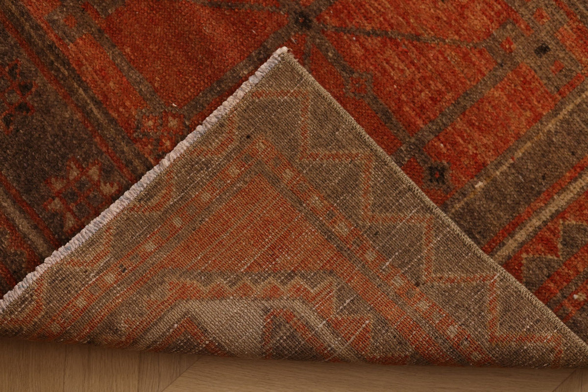 Vintage Malatya Turkish Runner Rug 3x11 ft — Orange & Brown Geometric