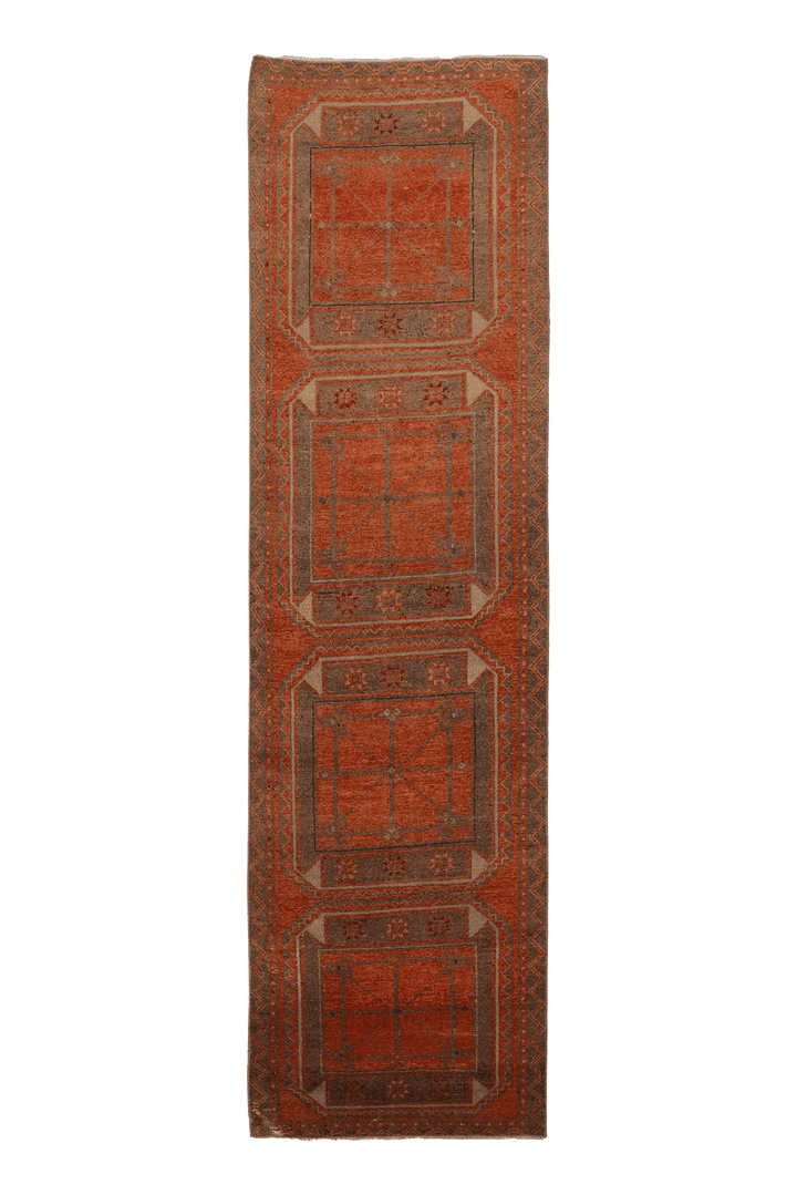 Vintage Malatya Turkish Runner Rug 3x11 ft — Orange & Brown Geometric