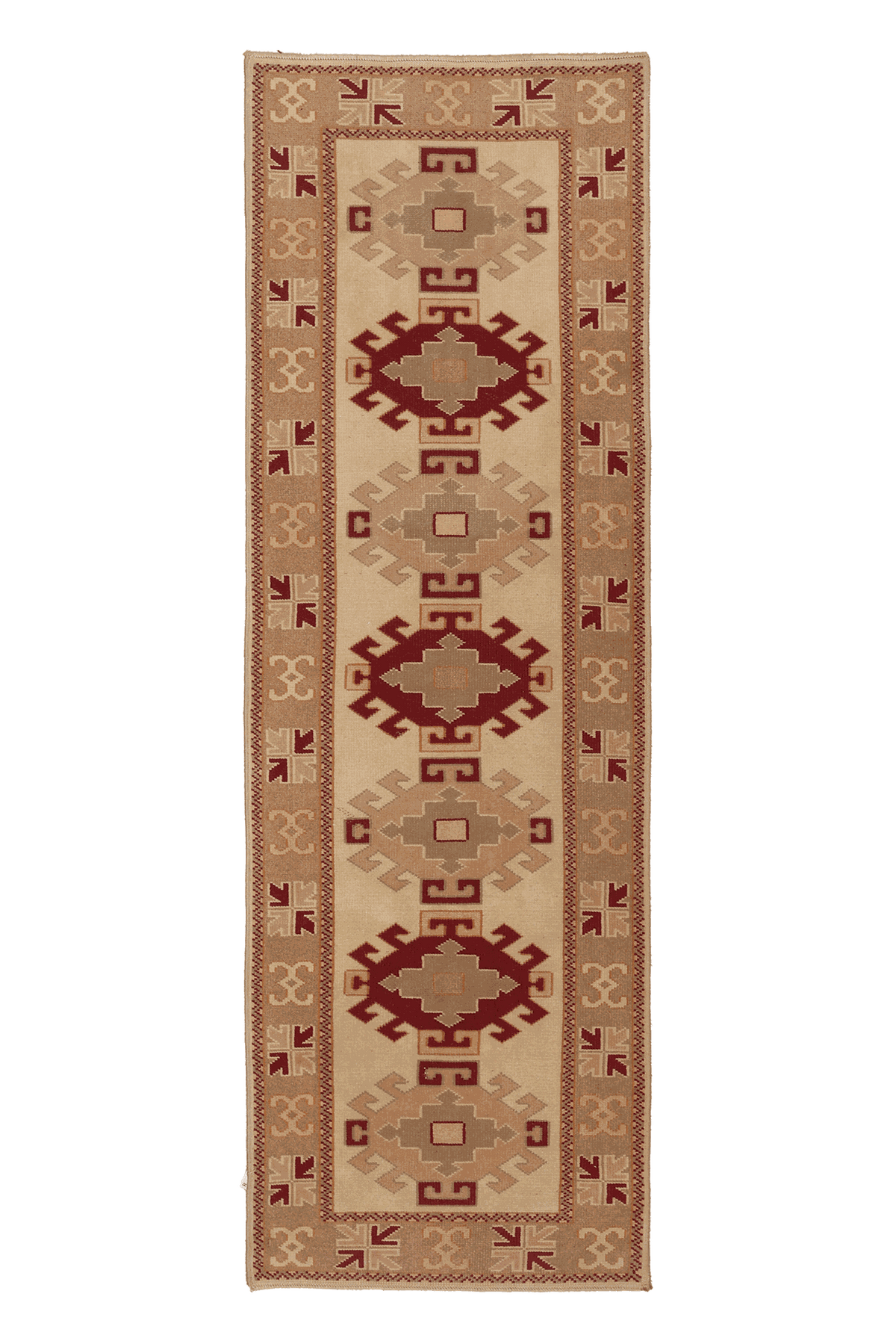 Vintage Muğla Turkish Runner Rug 2x7 ft — Beige & Brown Geometric