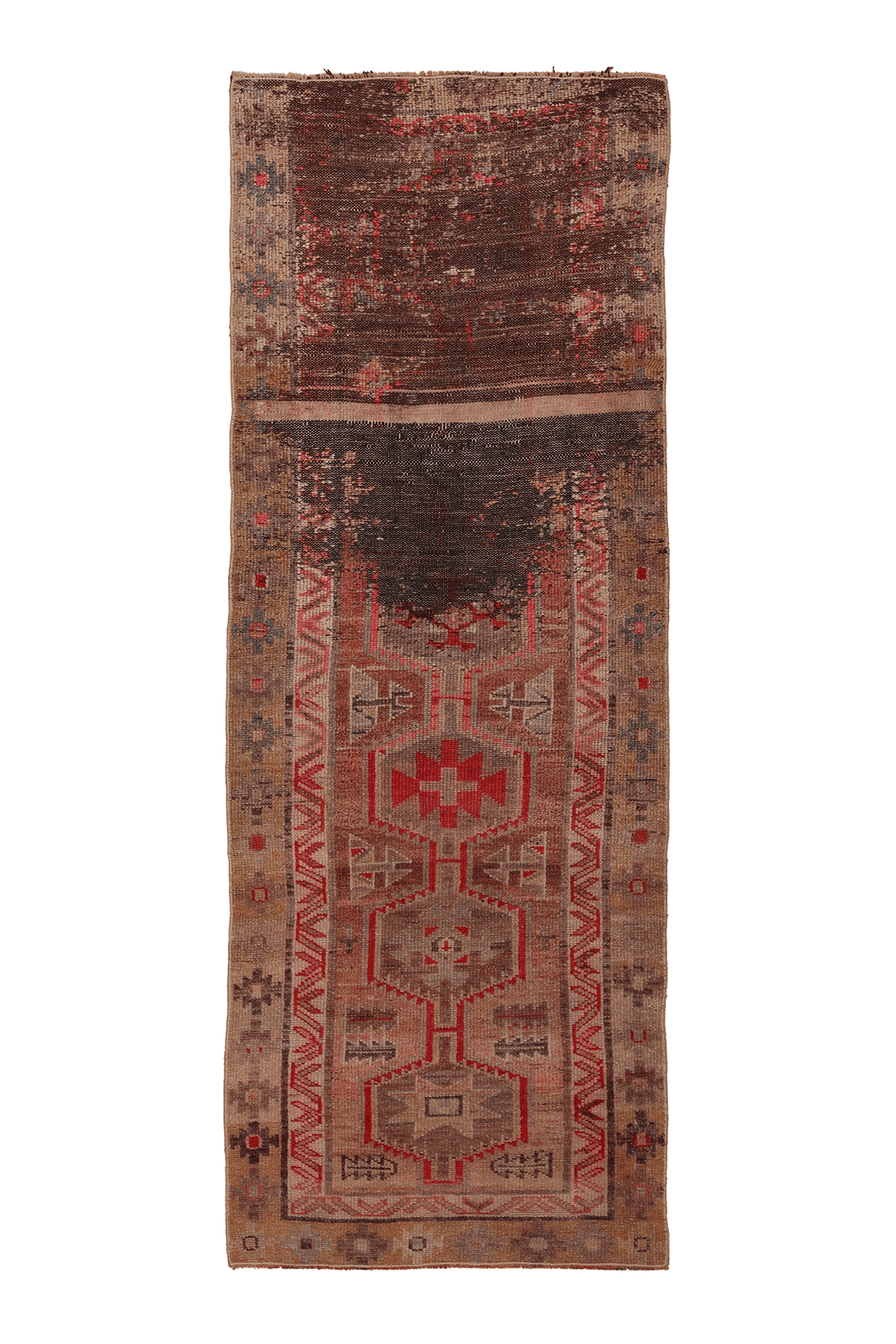 Vintage Southeastern Persian Style Runner Rug 3x8 ft — Brown & Red Geometric