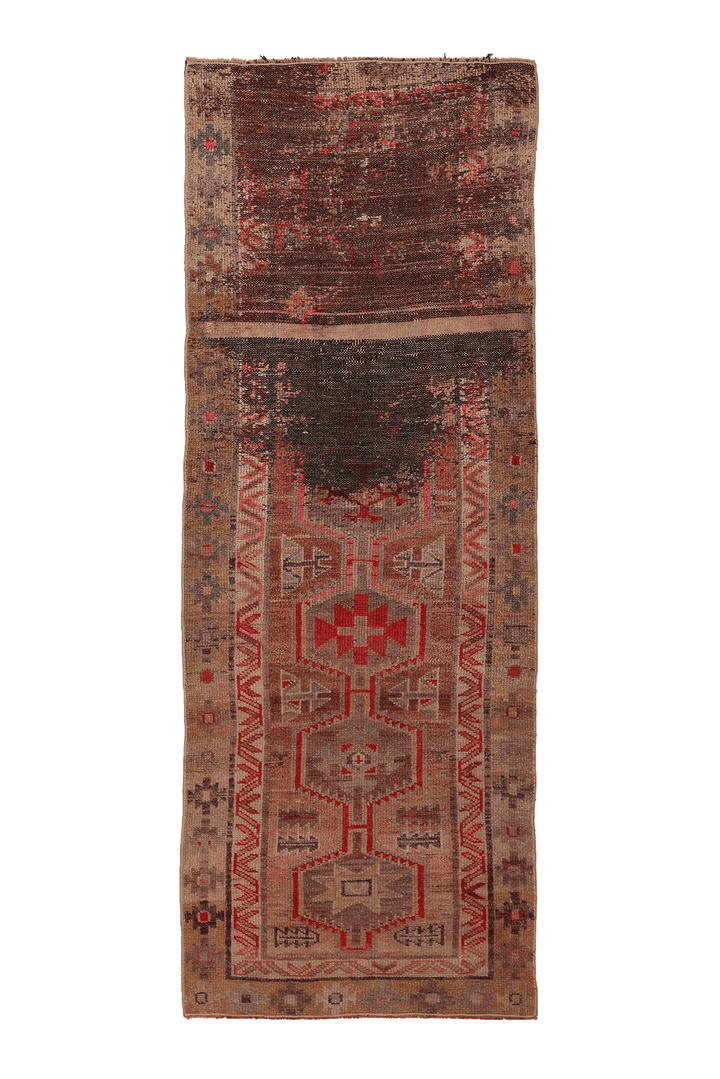 Vintage Southeastern Persian Style Runner Rug 3x8 ft — Brown & Red Geometric
