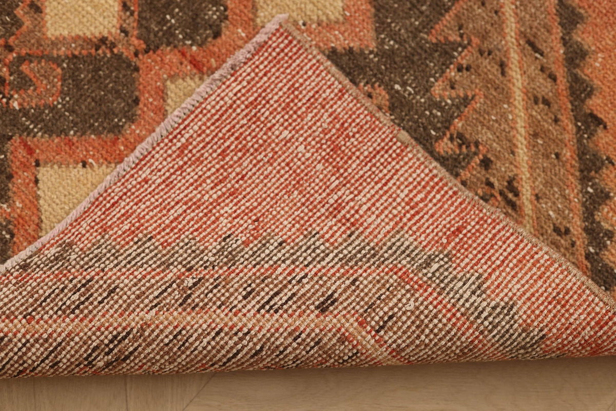 Vintage Malatya Turkish Runner Rug 3x8 ft — Orange & Brown Geometric