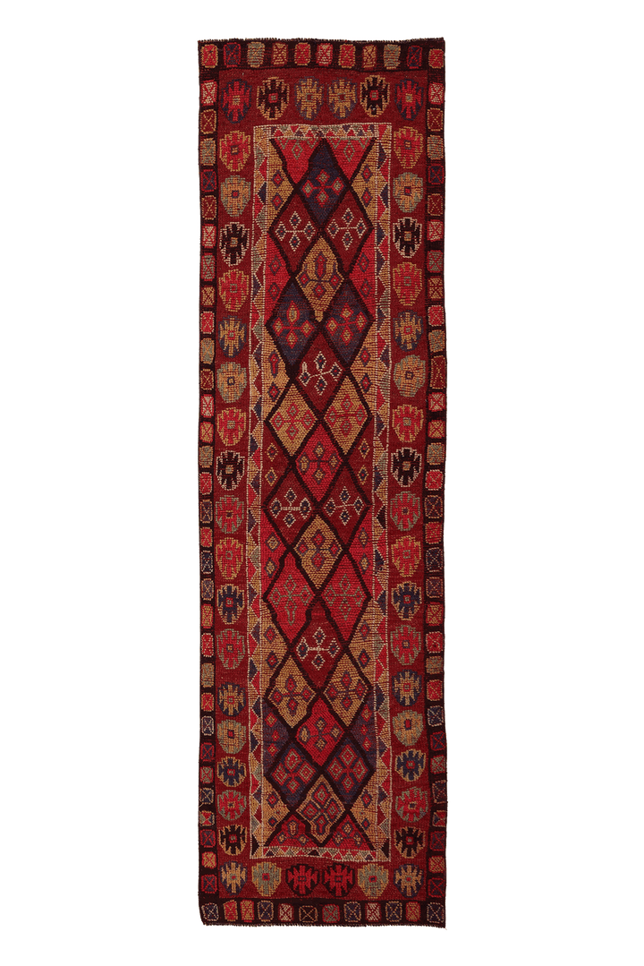 Vintage Southeastern Persian Style Runner Rug 3x10 ft — Red & Brown Geometric