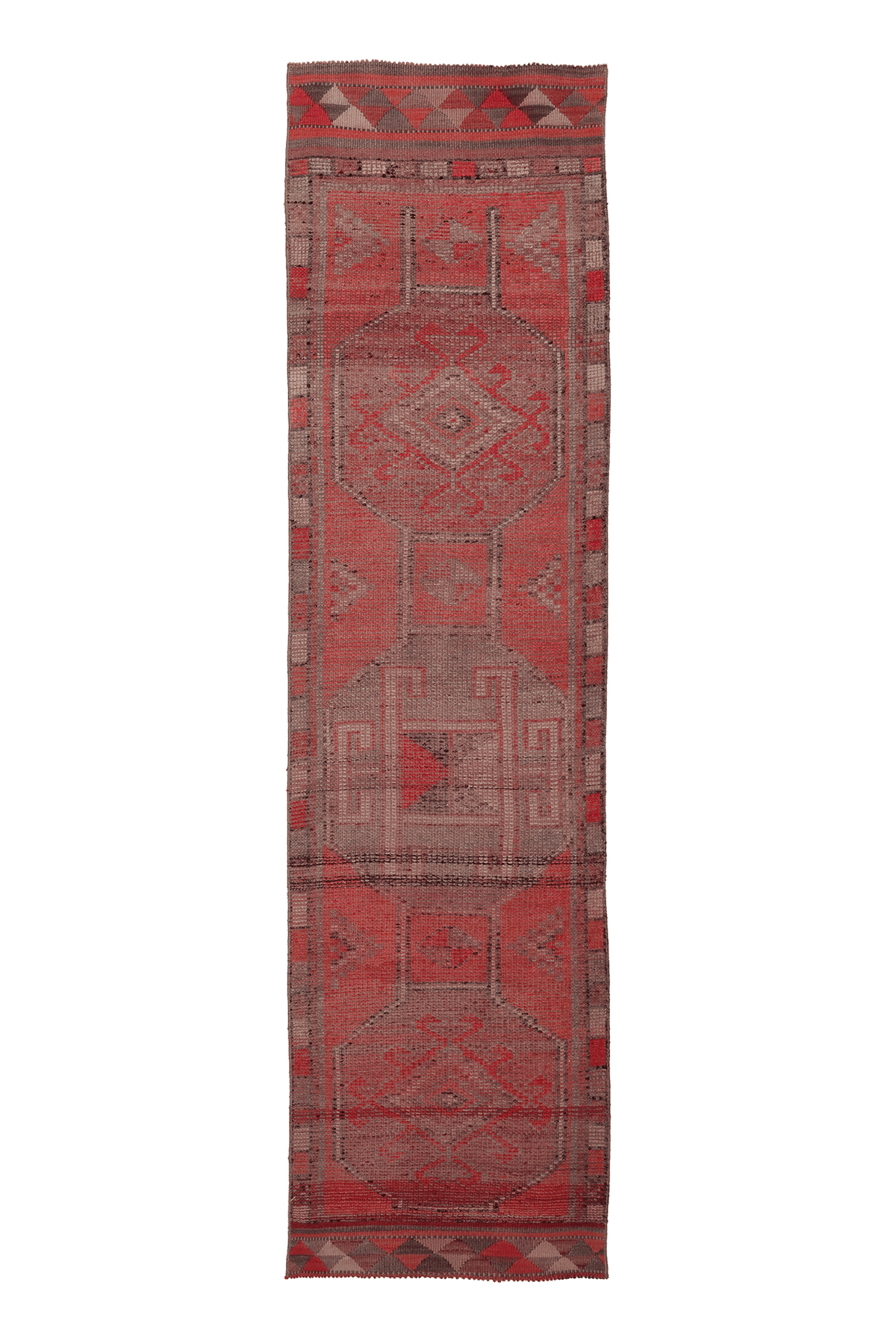 Vintage Southeastern Persian Style Runner Rug 3x10 ft — Red & Gray Geometric