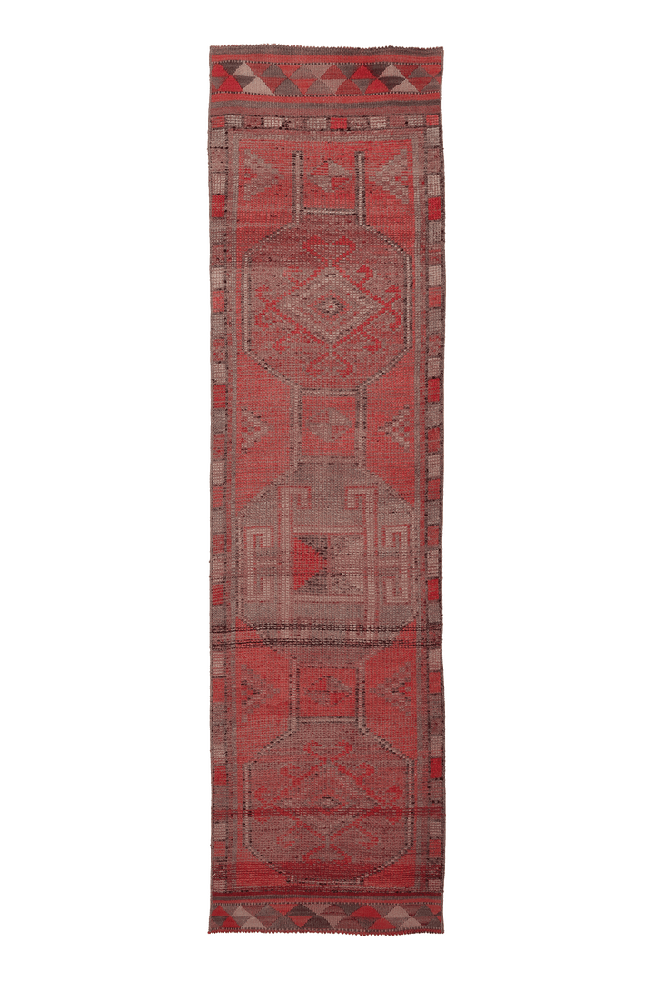Vintage Southeastern Persian Style Runner Rug 3x10 ft — Red & Gray Geometric