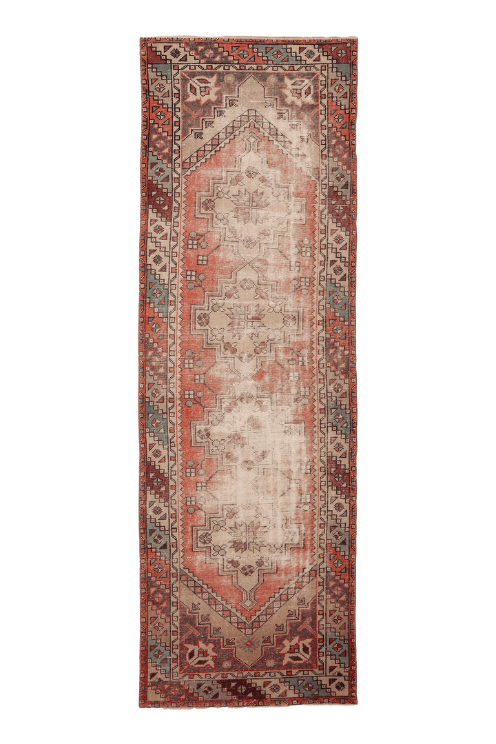 Vintage Nevşehir Turkish Runner Rug 3x10 ft — Orange & Beige Geometric