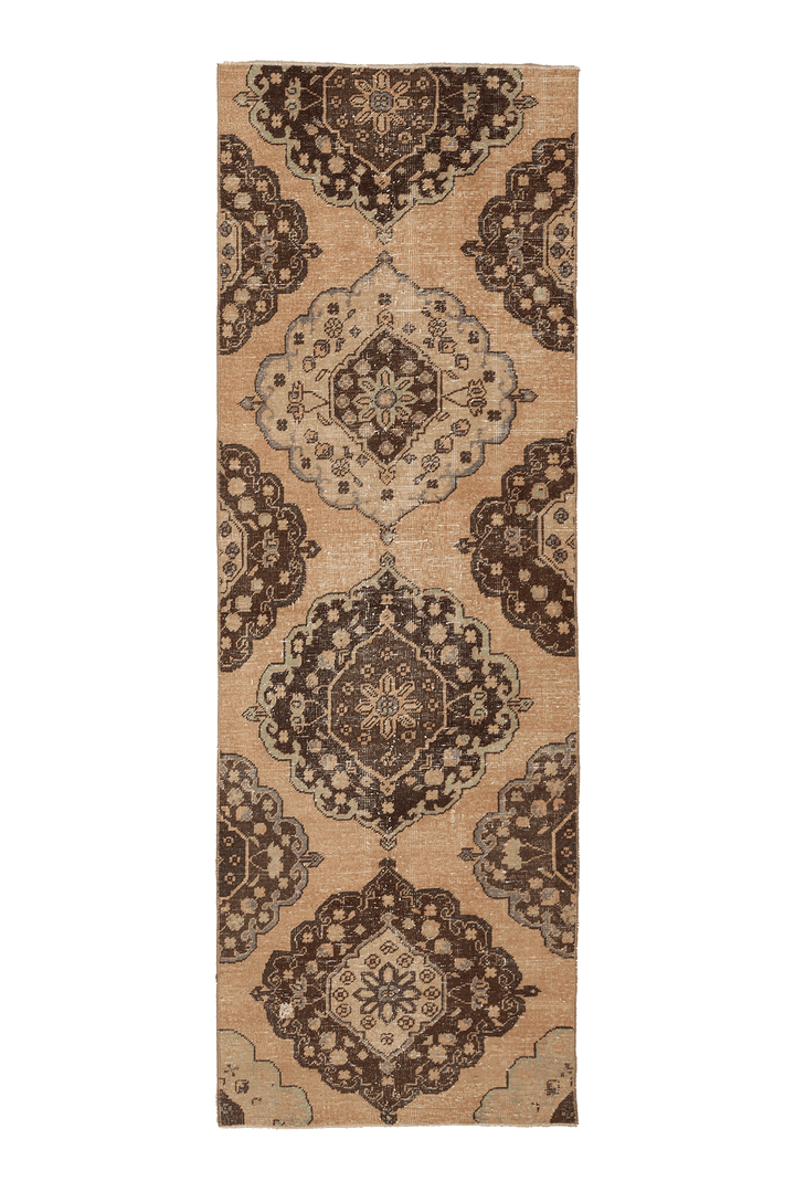 Vintage Konya Turkish Runner Rug 3x8 ft — Beige & Brown Floral