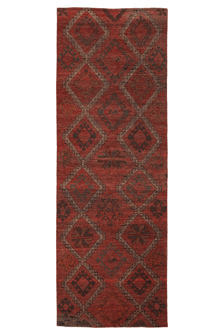 Vintage Gaziantep Turkish Runner Rug 3x9 ft — Red & Brown Geometric