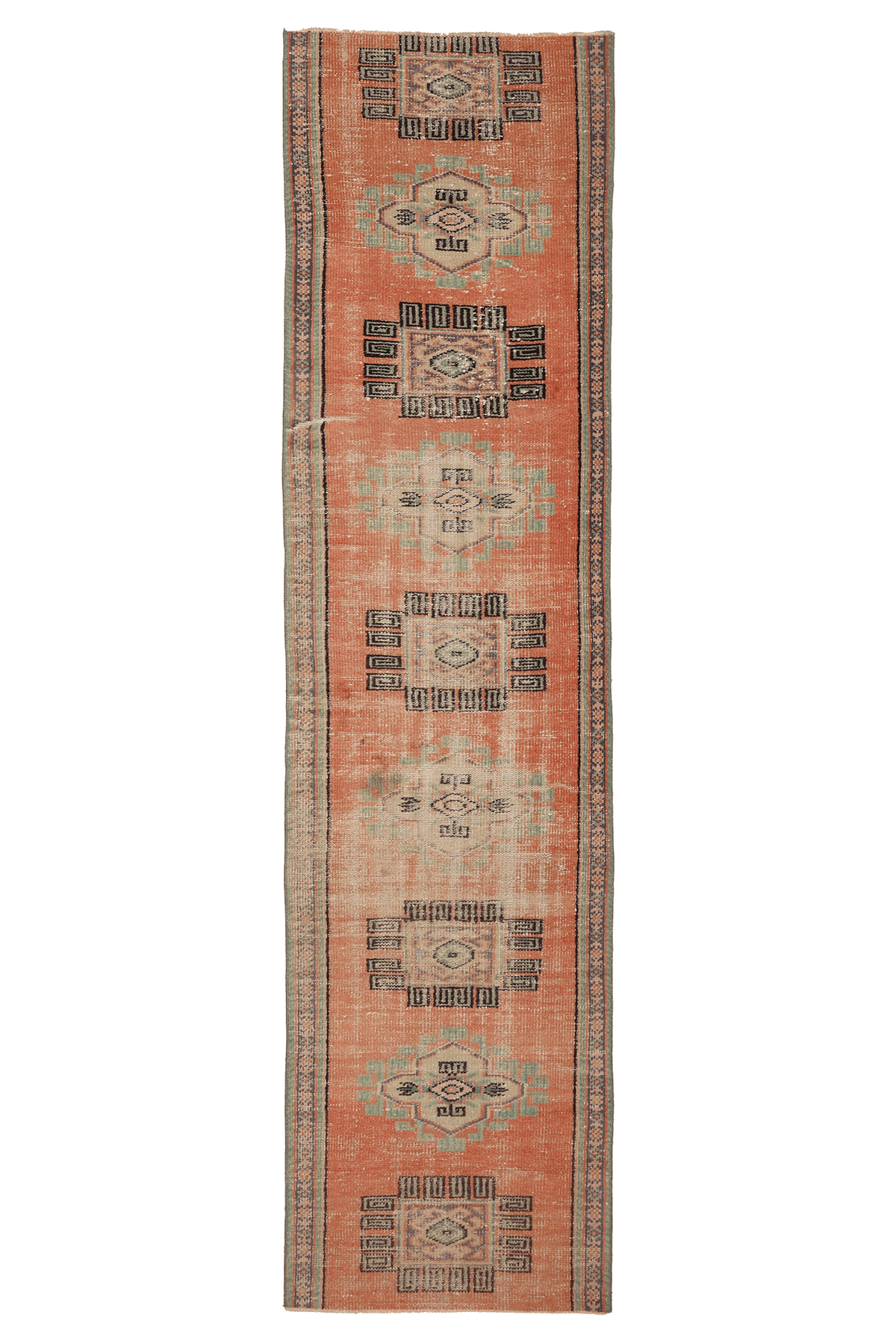 Vintage Manisa Turkish Runner Rug 2x10 ft — Orange & Green Geometric