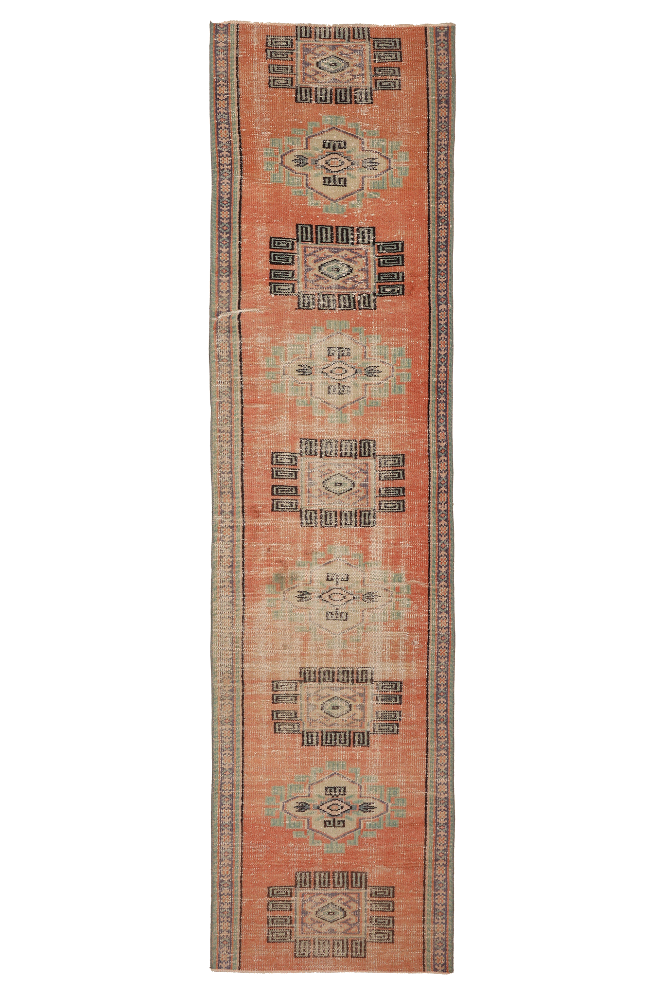 Vintage Manisa Turkish Runner Rug 2x10 ft — Orange & Green Geometric