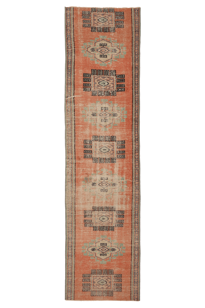 Vintage Manisa Turkish Runner Rug 2x10 ft — Orange & Green Geometric