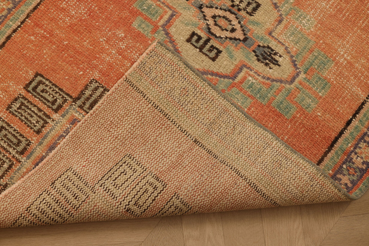 Vintage Manisa Turkish Runner Rug 2x10 ft — Orange & Green Geometric