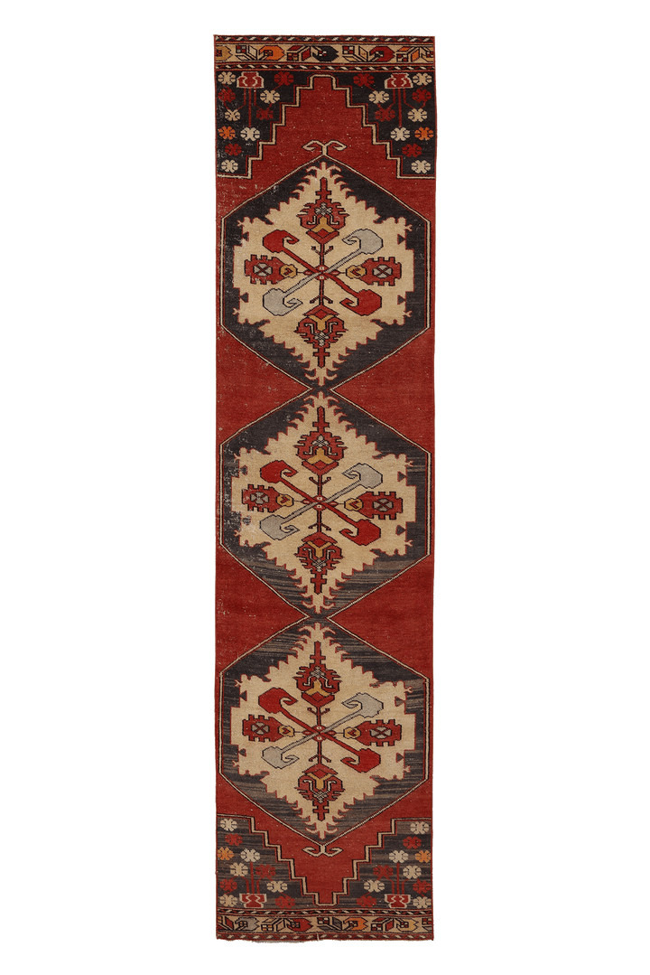 Vintage Niğde Turkish Runner Rug 2x10 ft — Red & Beige Geometric